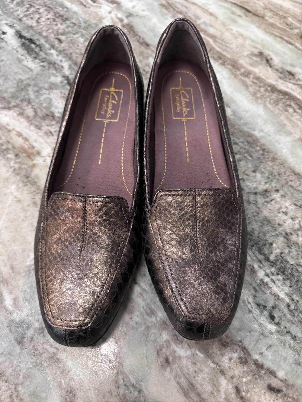 Clarks Everyday "Timeless" Bronze Snake-Textured Slip-On Loafers - Size 11